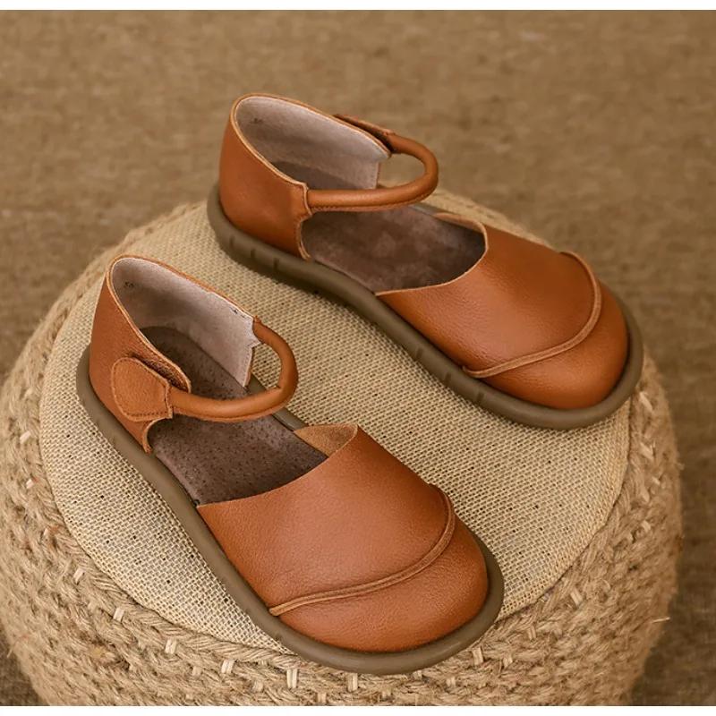 Ретро Ручной работы коричневые Кожаные Сандалии-балетки 2025 Лето Новые Повседневные Универсальные Удобные Мягкая подошва Женская обувь