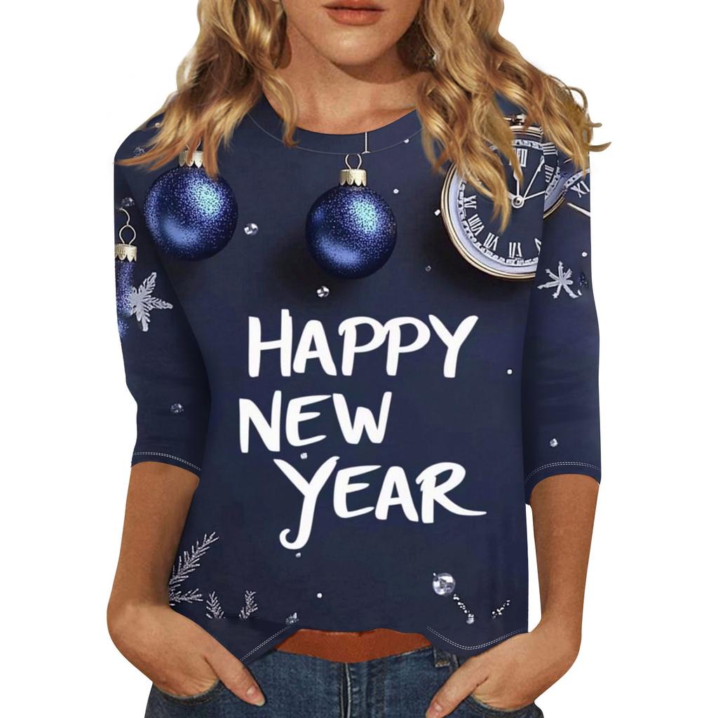 Женская мода повседневная новогодняя принтованная круглая горловина с рукавом три четверти топ Новый год 2025