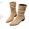 Retro Pleated Medium Tube Thin Boots New Western Cowboy Stack Boots Pointed Thick Heel Women's Boots