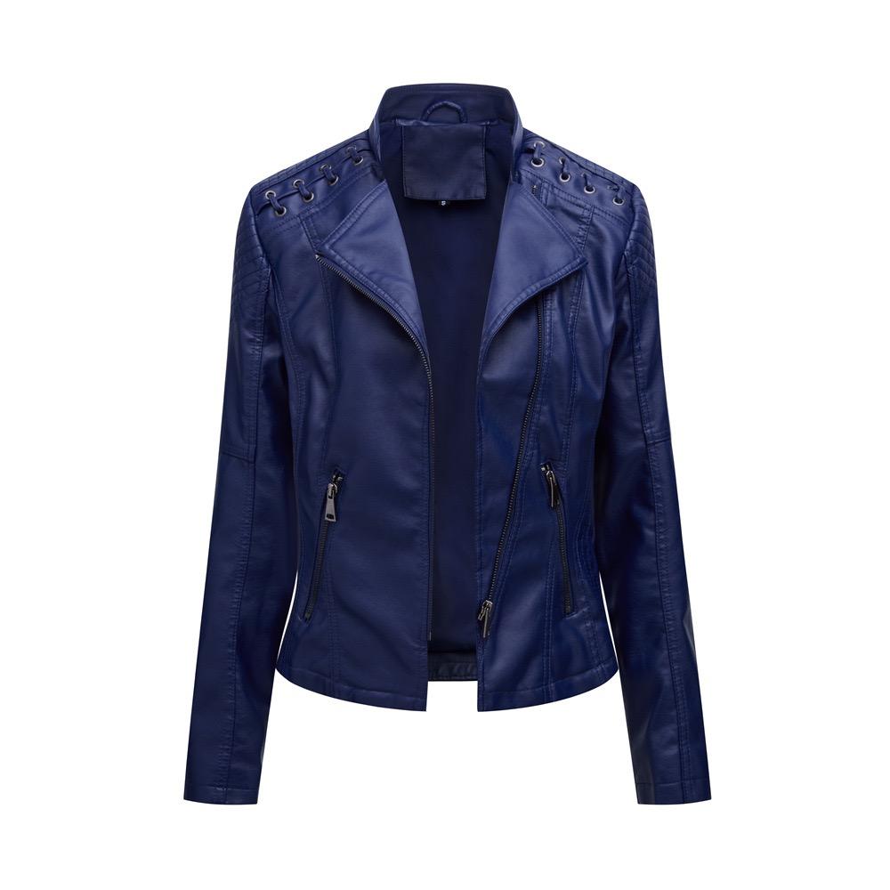 VAYLA Women Fashion Lace-up Leather Jacket Slim Fit Spring Autumn Motorcycle Jacket Zipper Jacket