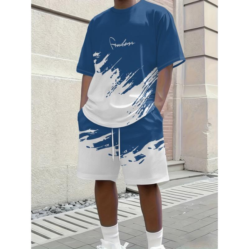 Men's Loose Fit Gym Wear: Short Sleeve Top with Artistic Splash Pattern & Comfortable Shorts. Cool Summer Outfit for Sports