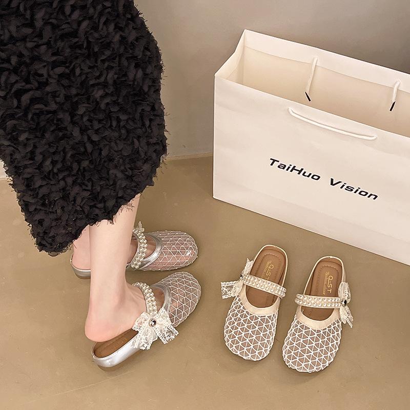 Flat-bottomed Bag Head Half Slippers Women's Summer Wear 2025 New One-pedal Fairy Wind Mesh Single Shoes Cool Slippers