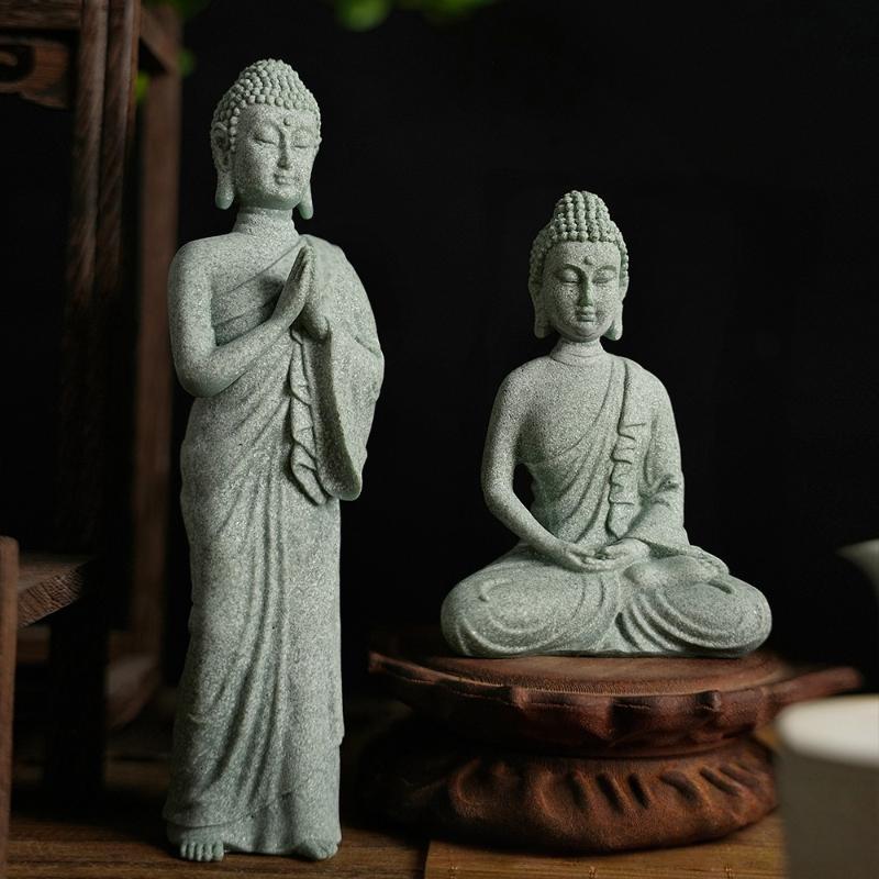 Mini Thai Green Sandstone Figurine; Buddha Desk Decor for Office Zen Ambiance