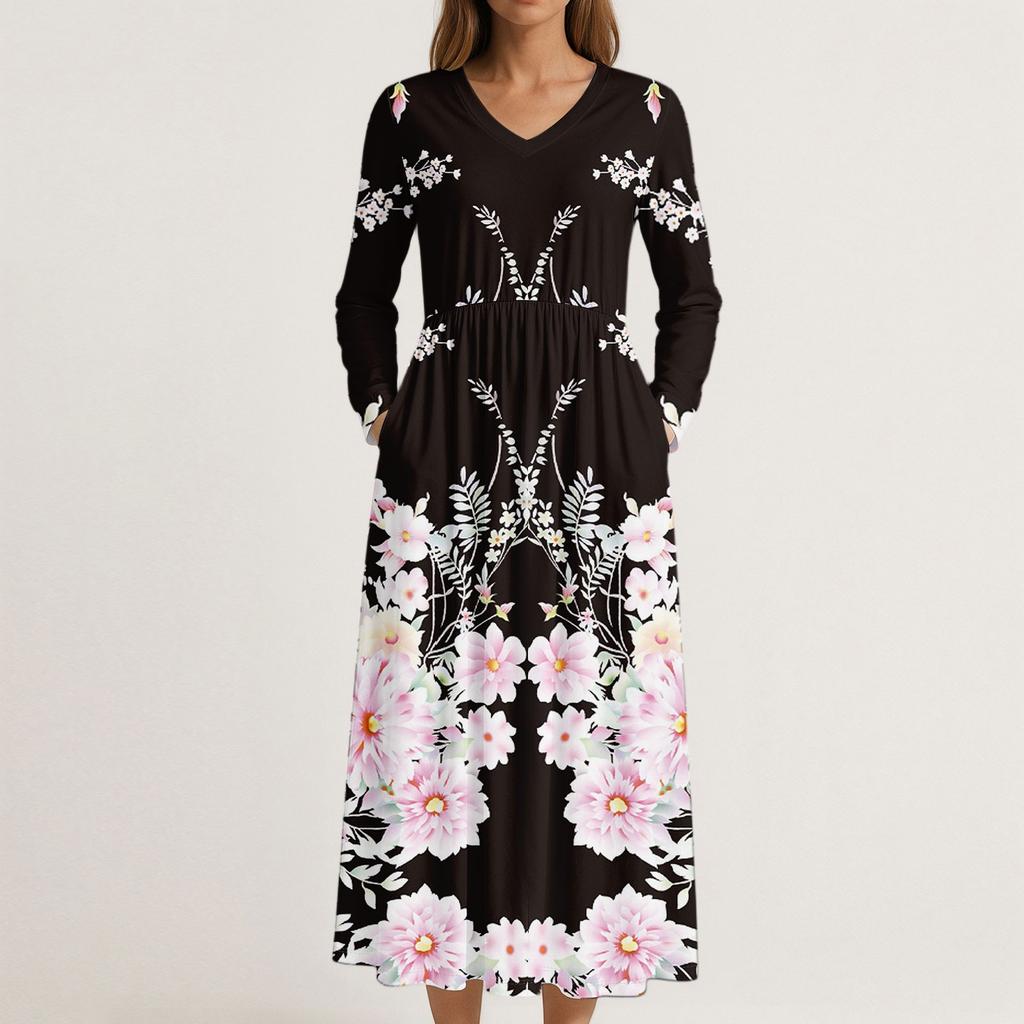 Платье для женщин длинное бохо пляжное платье элегантное макси-платье V-образный вырез длинный рукав платье с карманами