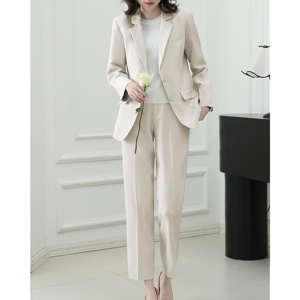 Yino Women's Suit Set: 2-Piece Pantsuit (Jacket and Straight Pants) with Elastic Waistband,