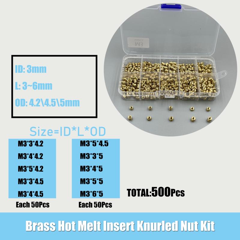 Brass Hot Melt Heat Insert Nuts Kit M2 M2.5 M3 M4 M5 M6 Thread Embedment Copper Nut Pressed Fit into for 3D Printer Plastic Case