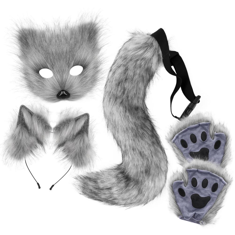 Halloween Plush Fox Mask Set with Ears Headband, Claws and Tail, Cosplay Accessories for Adults Kids