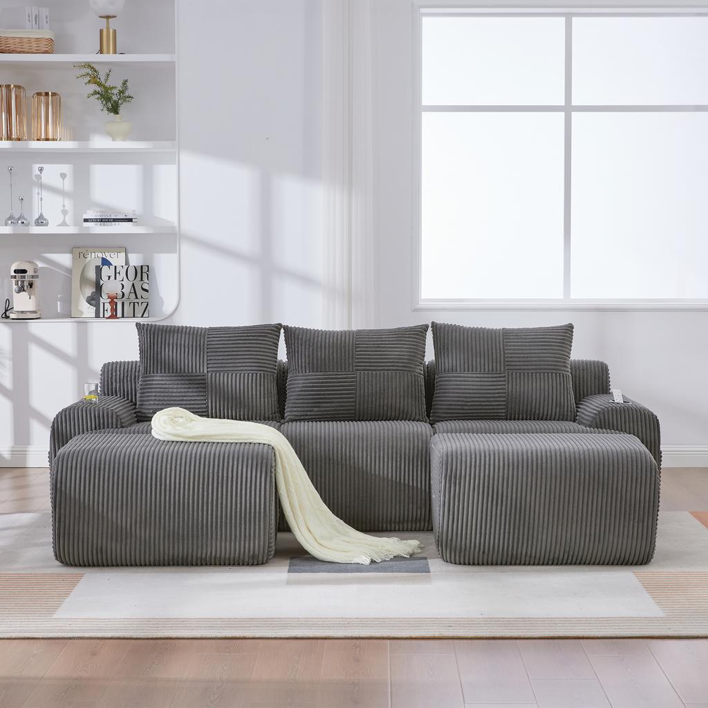 Modular corduroy sofa for 3 people (with 2 stools), including drink holder and side storage bag, ideal for living room and family room. Dark grey