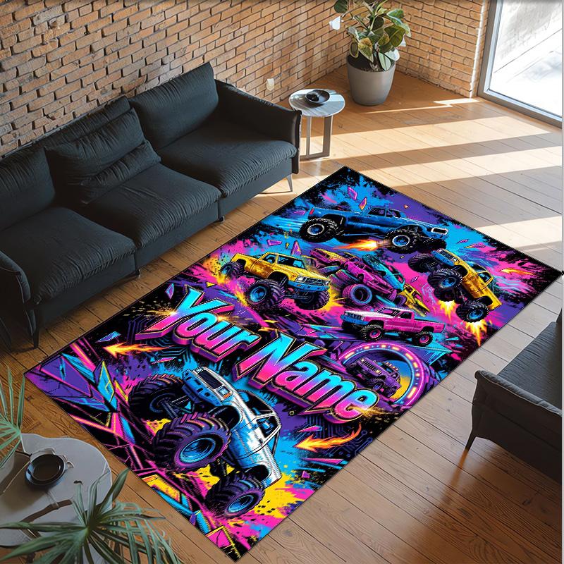 Monster Truck Theme Crystal Velvet Rug Personalized Custom Name Text Soft Floor Mat Home Decor