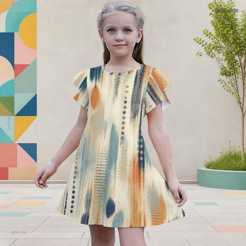 Girls Round Neck Flutter Sleeve A Line Flared Geometric Printed Dress