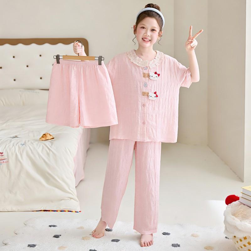 Girls Cotton Pajama Set 3pcs Short Sleeve Cartoon Print Sleepwear Kids 8 Years