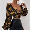 Vintage Long Sleeve Shirt with Print Women's Crop Top Fashionable Lady Blouse