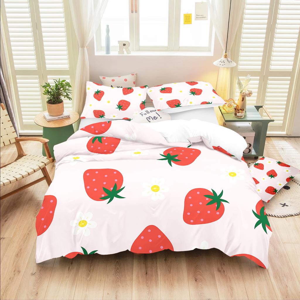 3pc Strawberry Print Bedding with Coreless Set Bedroom Living Room Multiple Sizes, Machine Washable, Soft and Comfortable