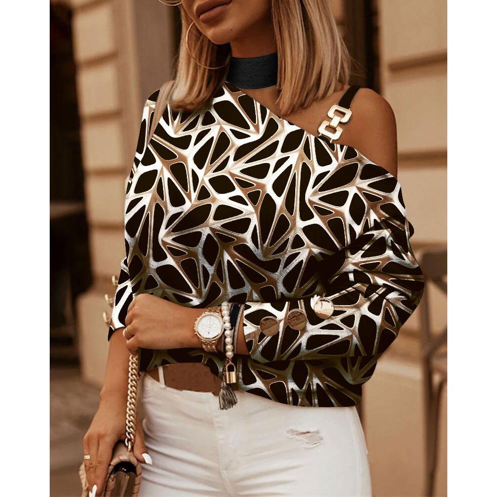 Осень и зима с длинными рукавами, цепочка, висящая на шее, свободный принт, сексуальное украшение на пуговицах, повседневный женский топ