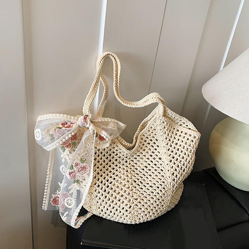 Solid Color Crochet Tote Handbag Summer Beach Scarf Decor Fashion Women's Mesh Woven Shoulder Bags Large Capacity Knitting Underarm Bag CLE