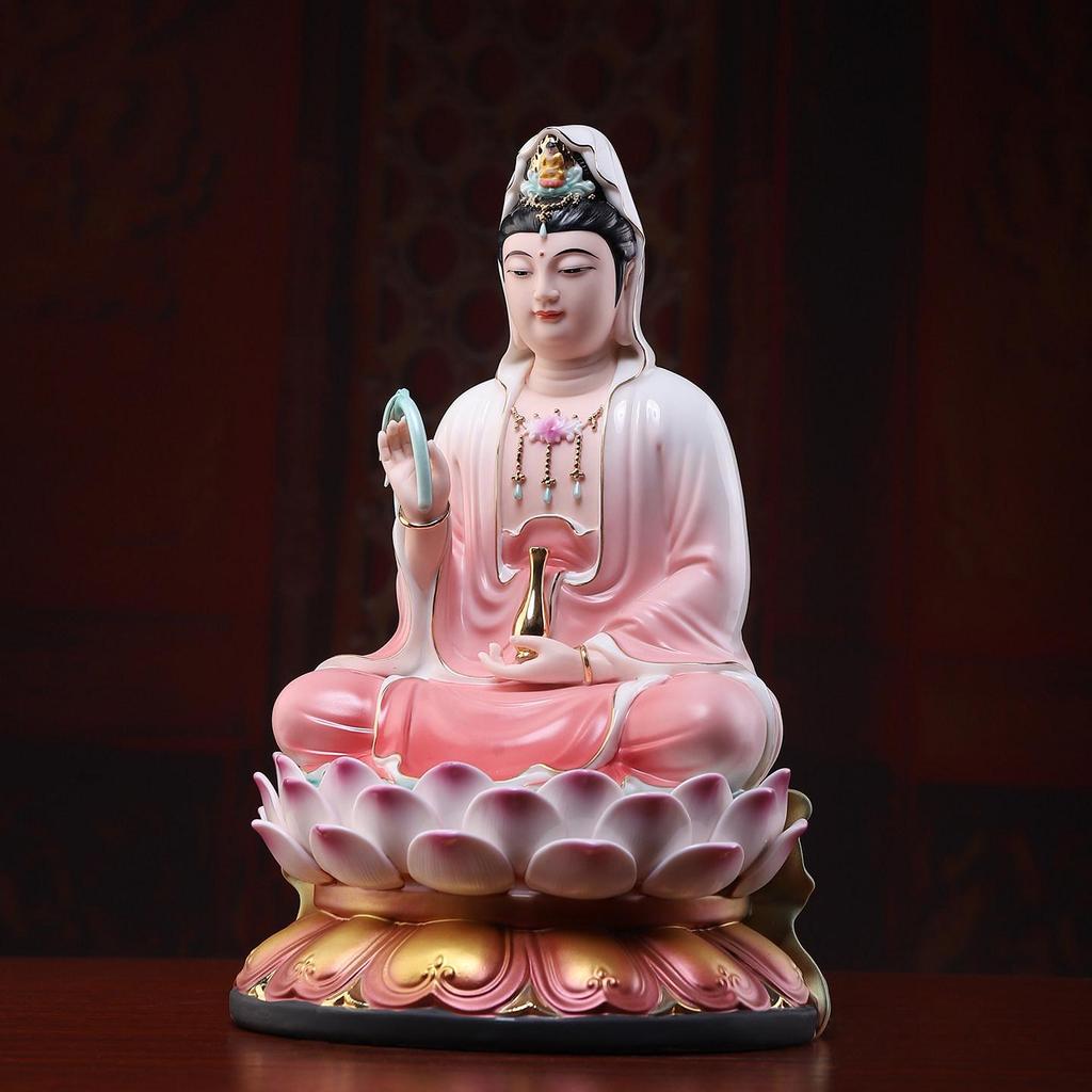 Red Robe Ceramic Guanyin Ornament – Home Worship Bodhisattva Statue for Living Room Decor