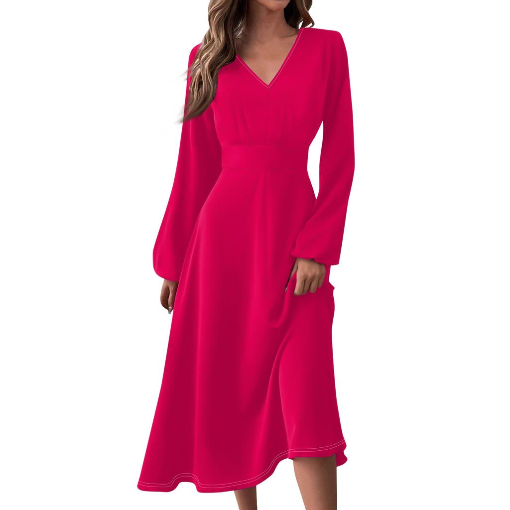 Women's  And Winter Casual Fashion V-neck Long Sleeve Solid Color Long Dress