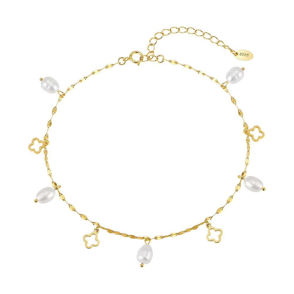 ORSA JEWELS Элегантные серебряные браслеты на щиколотку из стерлингового серебра 925 пробы с цепочкой в виде клевера и жемчугом для женщин, летние модные браслеты на щиколотку, ювелирные изделия SA105