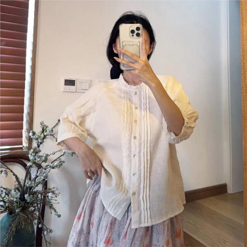 Johnature Летние рубашки, повседневные винтажные рубашки с оборками, простые свободные однотонные плиссированные универсальные женские блузки