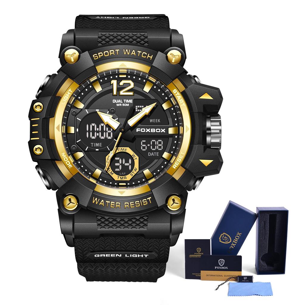 LIGE x FOXBOX Брендовые модные мужские часы с цифровым двойным дисплеем, светящиеся водонепроницаемые спортивные часы с будильником