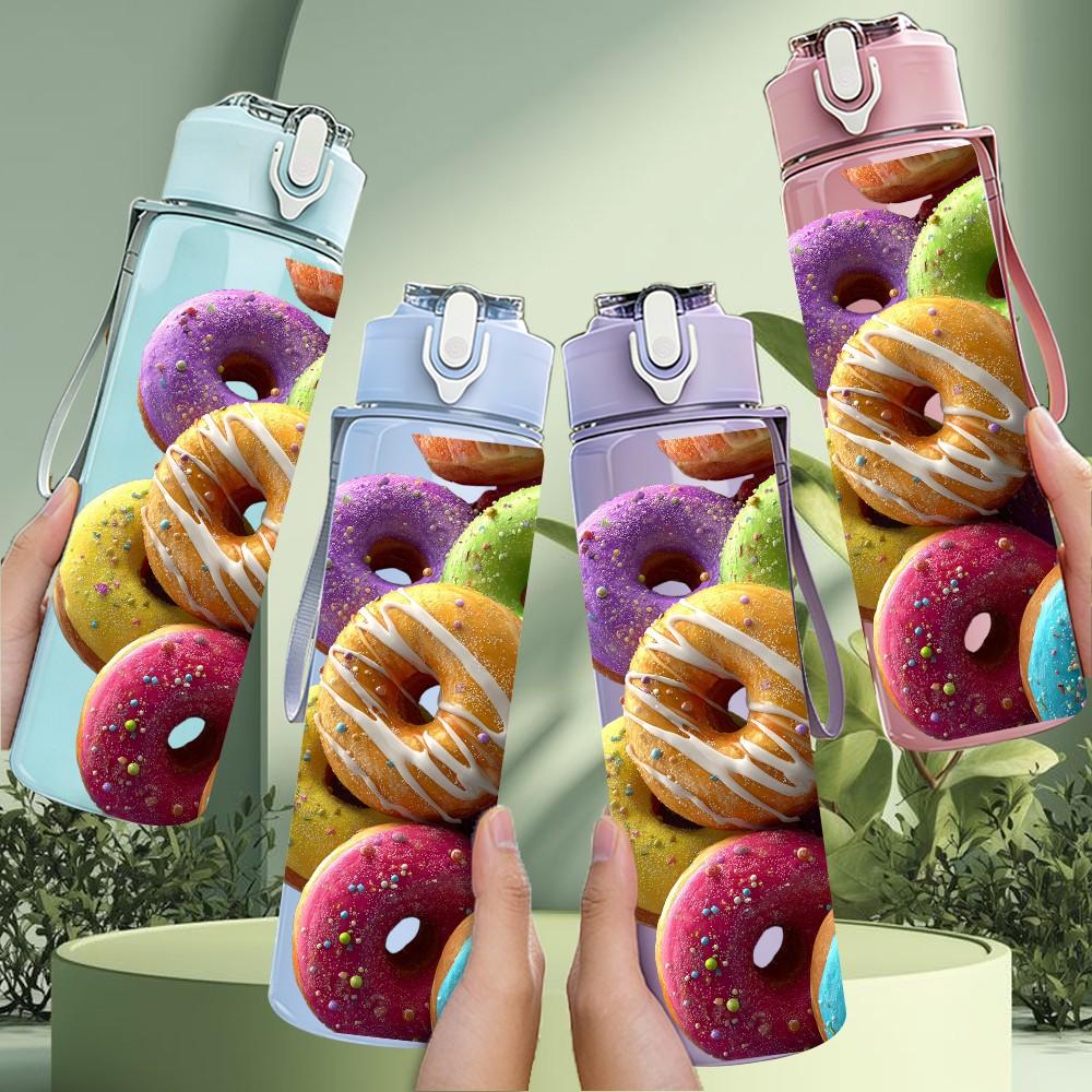 1PC Pile Of Color Donut Sweet Food Print 750ml Color Plastic Sports Water Bottle Leakproof Flip Straw Lid Suitable for Sports Office Home Use