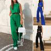 2Pcs/Set O-neck Sleeveless High Waist Casual Outfit Solid Color Short Vest Flare Long Pants Female Clothing