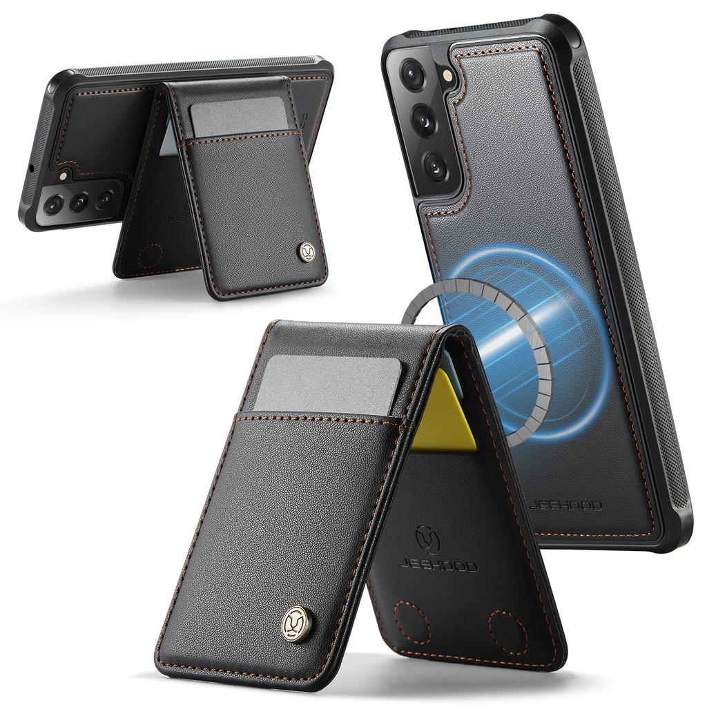 For Samsung Galaxy S22 5G Leather Back Cover Compatible with MagSafe JEEHOOD J06 Phone Case with Card Bag RFID Blocking