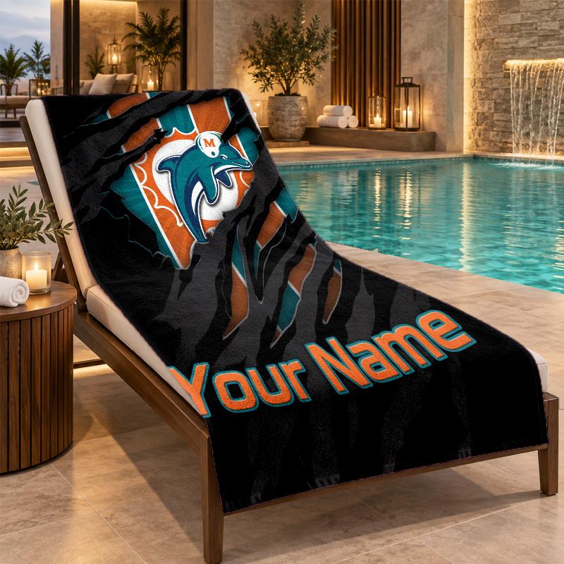 Custom Name Miami Dolphins Beach Towel Personalized Text Soft Towel Swimming Travel Bath Gift