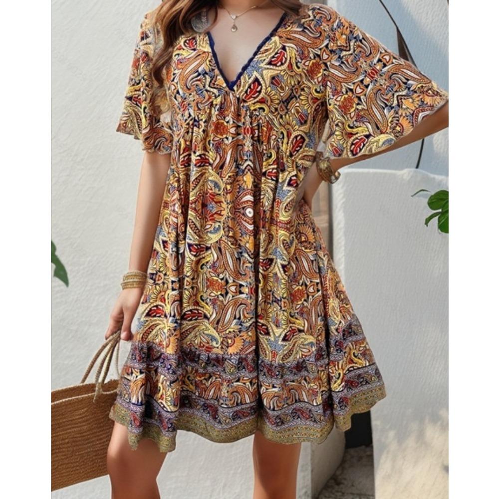 JPNTKY Women's Fashion Summer Spring Floral Print Short Sleeve V-Neck Casual Dresses