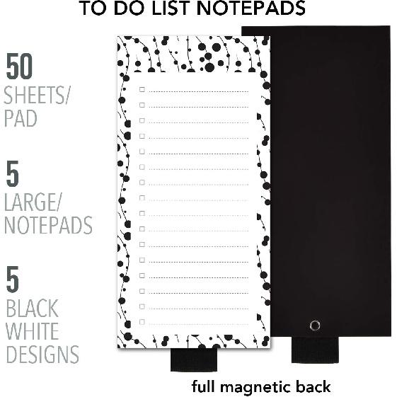 5 Pack White Black Scandi Magnetic Notepads with Pen Holder,for Grocery, Shopping and to Do Lists with Checkbox,Note Pad for Refrigerator 3.3" x