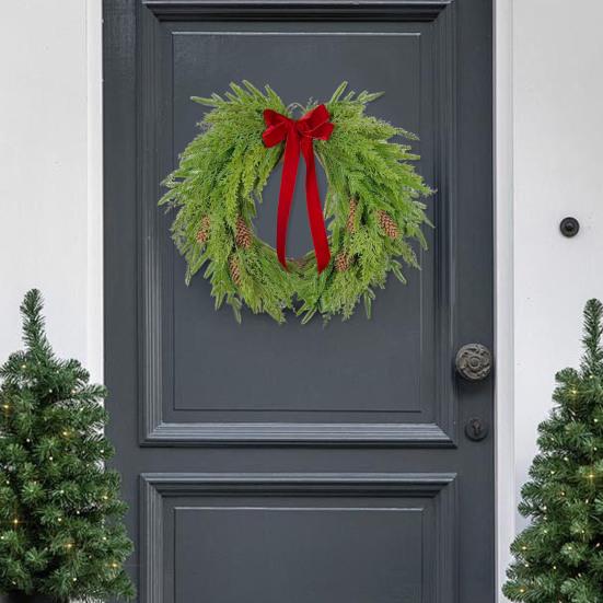 16 Inch Real Touch Norfolk Pine Christmas Wreath for Front Door Faux Cedar Greenery Wreath with Pine Cones And Bows for Wall Window Farmhouse Outdoor