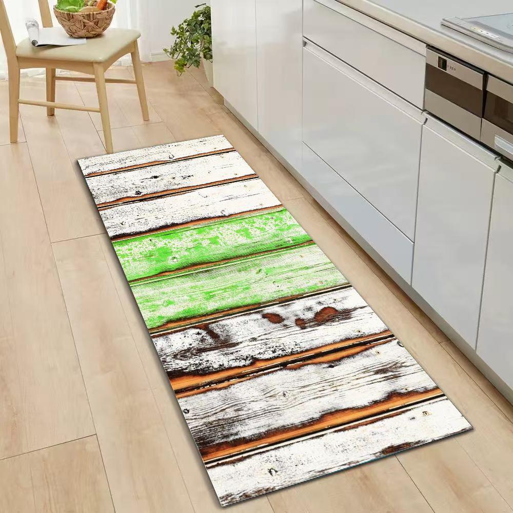 Distressed Green  White Wood Pattern Long Rug, Non-Slip Runner Mat for Hallway  Living Room