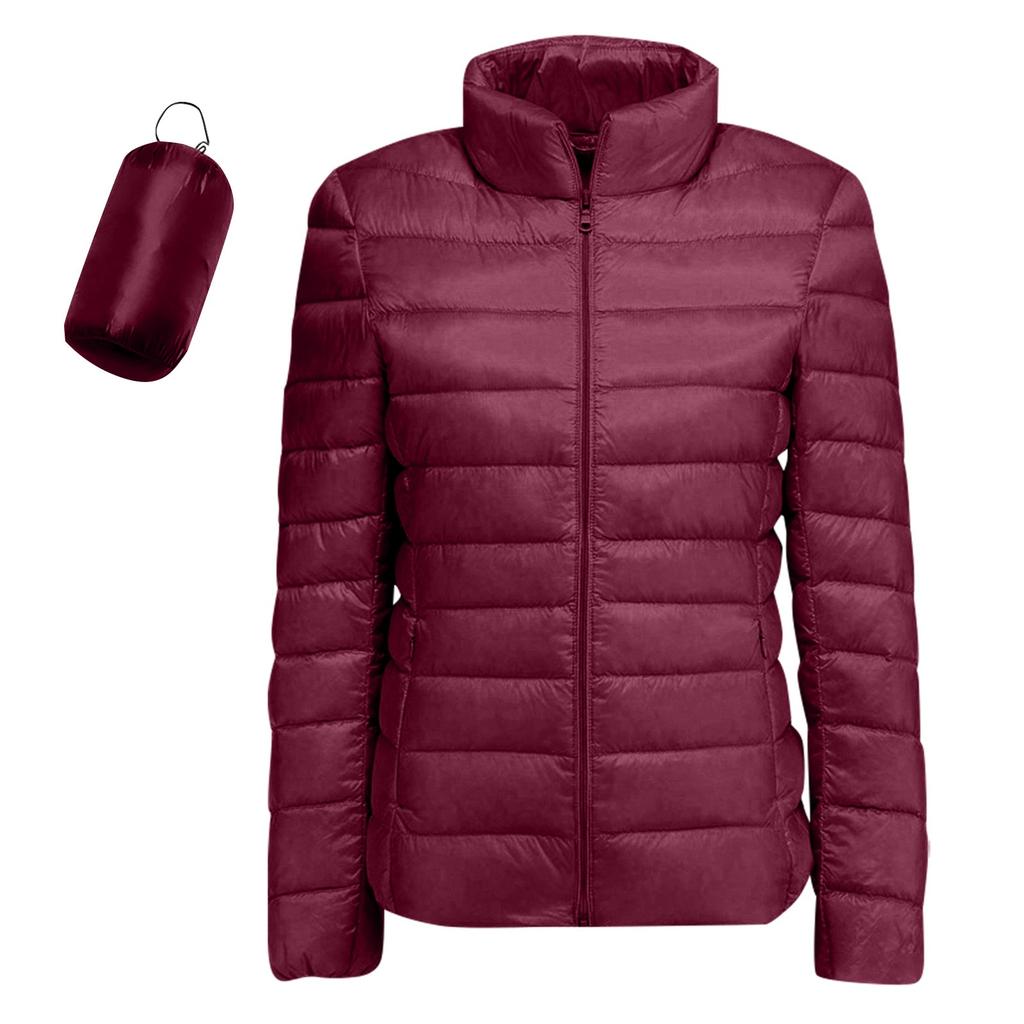 Women's Lightweight Down Jacket, Solid Color, Stand Up Collar, Down Jacket With Pockets