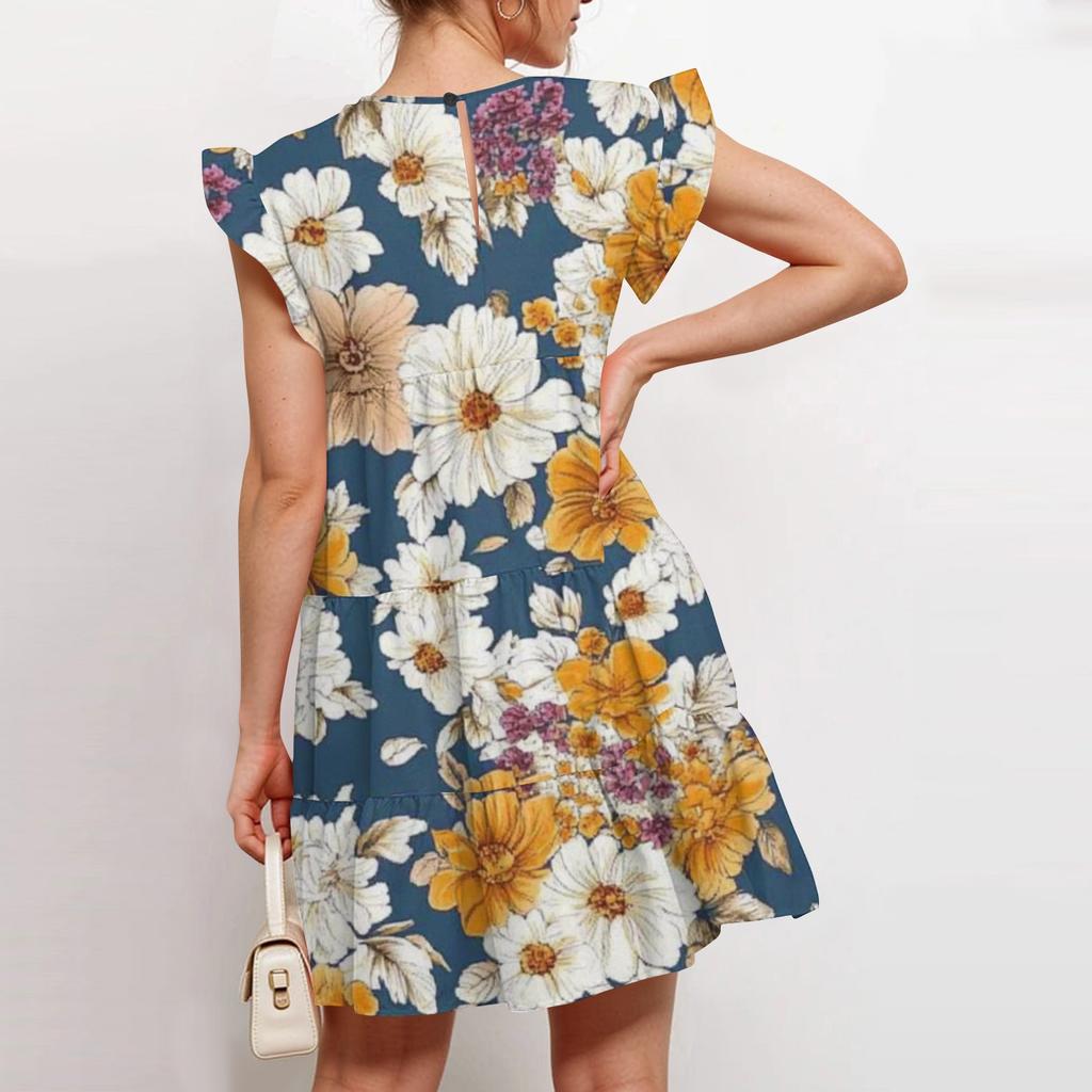 Женская мода лето повседневный О-образный вырез рукав оборки без рукавов струящаяся короткая туника платье