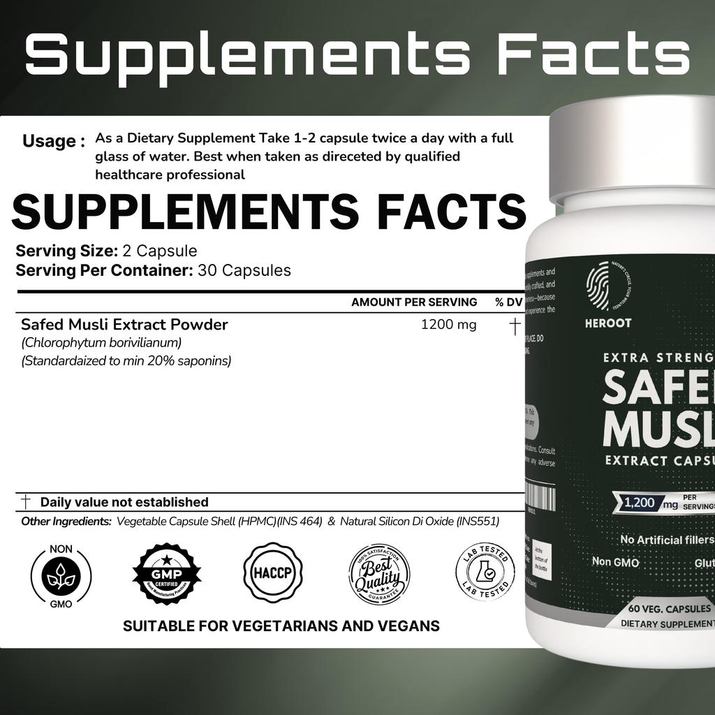 Safed Musli Extract Capsules by Heroot - Extra Strength, Maximum Performance, Increased Libido & Vitality 60Ct.