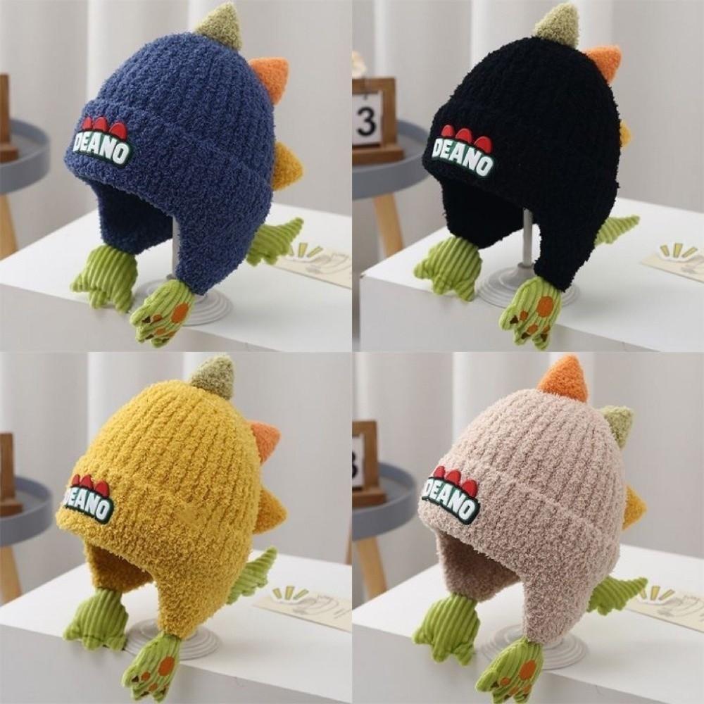 Cute Dinosaur Pullover Cap Windproof Plush Knitted Cap New Ear Protection Hat 2-6Y