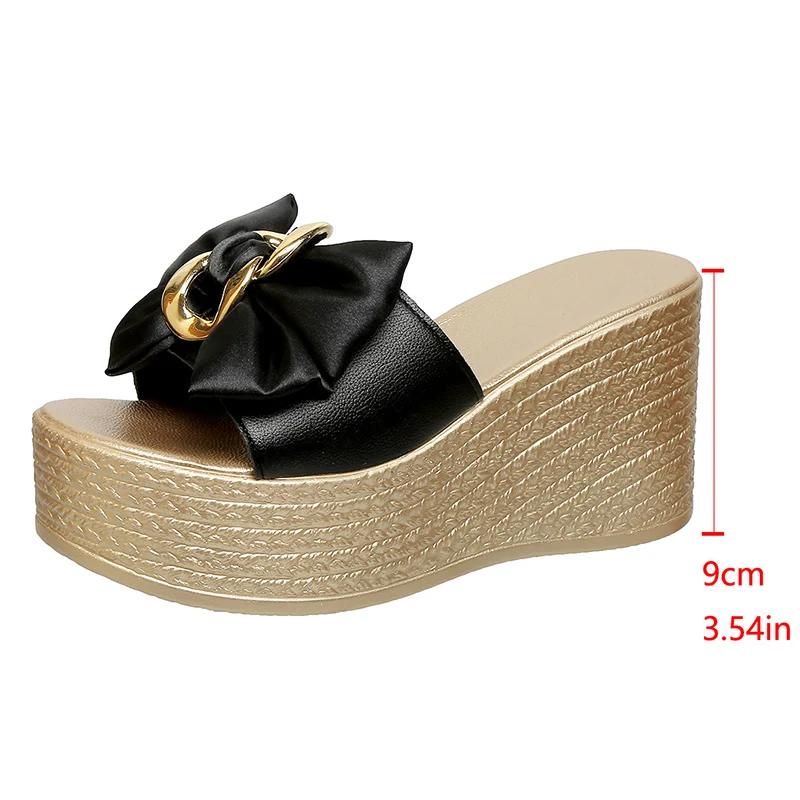 Fashion White Satin Bowknot Chunky Platyform Sandals for Women Fashion Chain Decor Wedge Heel Sandals Woman Thick Bottom Summer Slippers