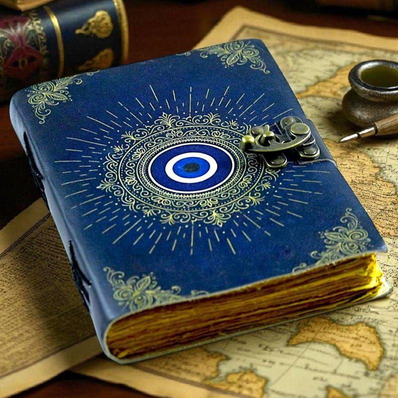 Ручная работа Кожаный дневник со сглазом: Сине-золотая Книга Теней