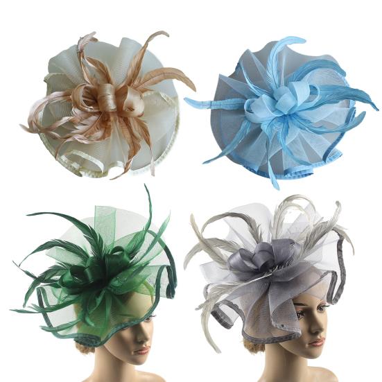 Women Fascinator Hat Tea Party Wedding Flower Feathers Headpiece Handmade Gauze Headband Clip Bridal Hair Accessories