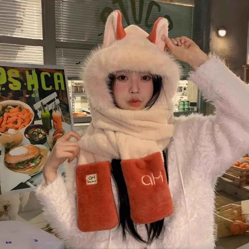 Cute Firefox Hairy Hat Scarf Gloves Integrated Women's Winter Warm Cold Ear Protection Riding