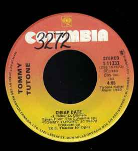 7-дюймовая пластинка TOMMY TUTONE  Cheap Date 111333 COLUMBIA 1980 Канада Рок Б/у