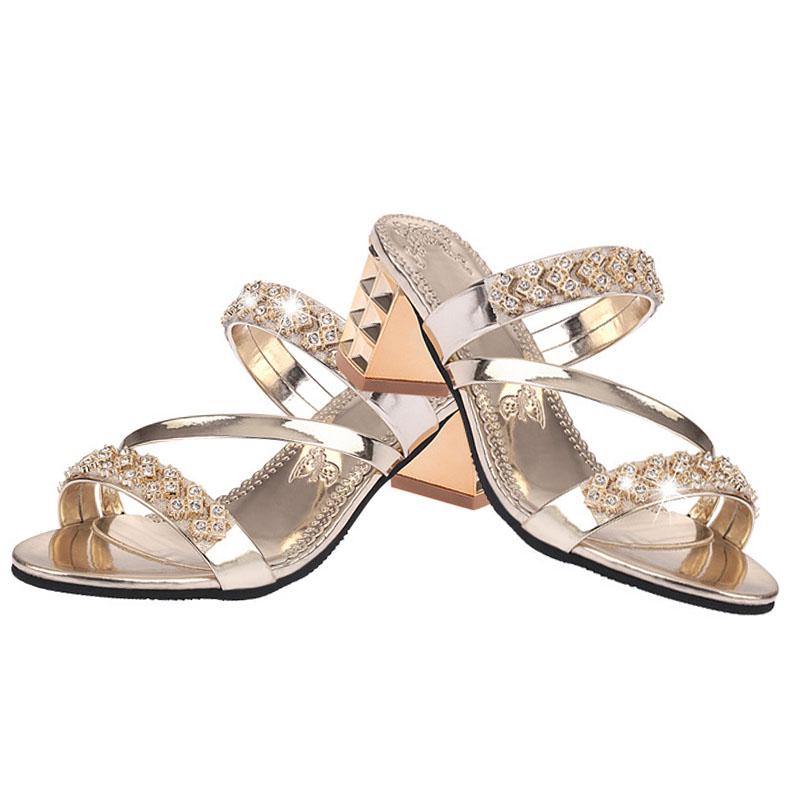 Summer Women Shoes Squre Heel Sandals Peep Toe Ladies Shoes Brand High Heel Sandals Gold Heels 7cm Big Size ZH2971