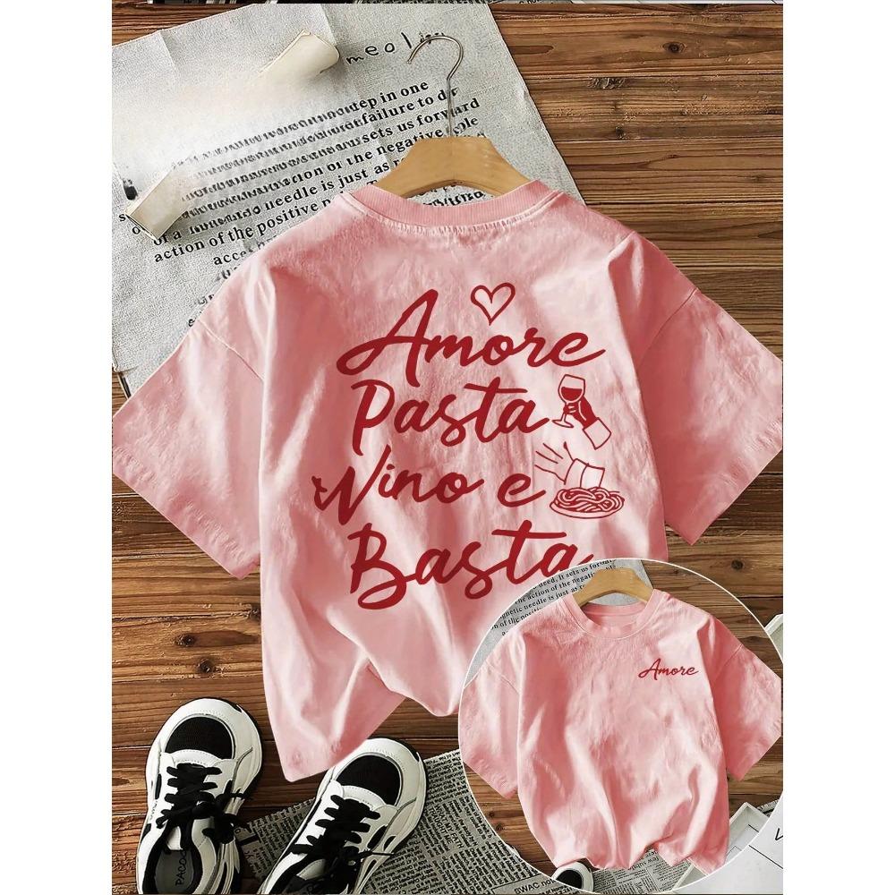 Женская футболка с надписью "Amore Pasta Vino E Basta" (Люблю пасту, вино, и этого достаточно) Графический дизайн с итальянской едой, Короткий рукав. Y2K