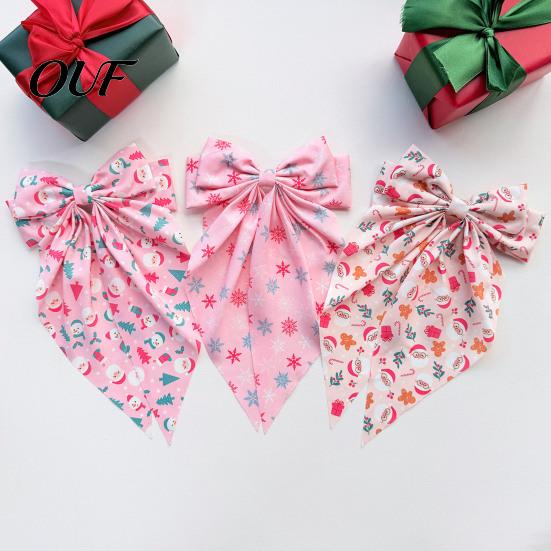 Cute Santa Claus Hair Clips Christmas Pink Bow Clip, Large Fabric Hairpin with Festive Barrettes for Girls Claus/Snowman/Snowflake Print Holiday Party