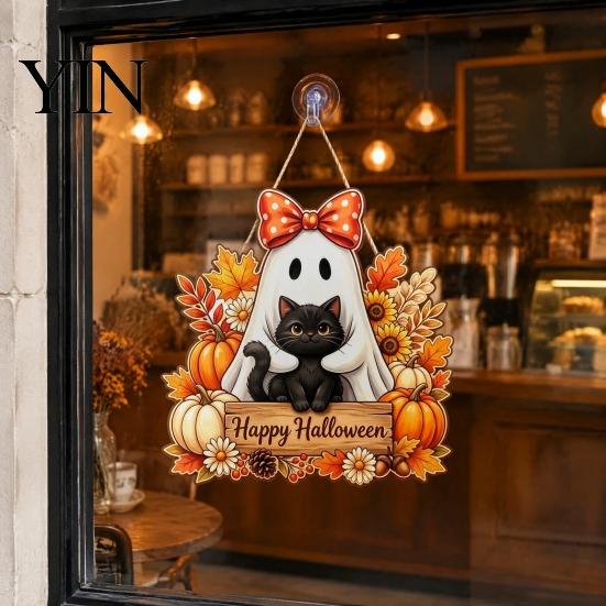Decorative Wood Board Halloween Wooden Hanging Sign, Happy Door Sign with Gnomes/Ghosts, Retro Ornament for Shop Autumn Harvest Festival Wall