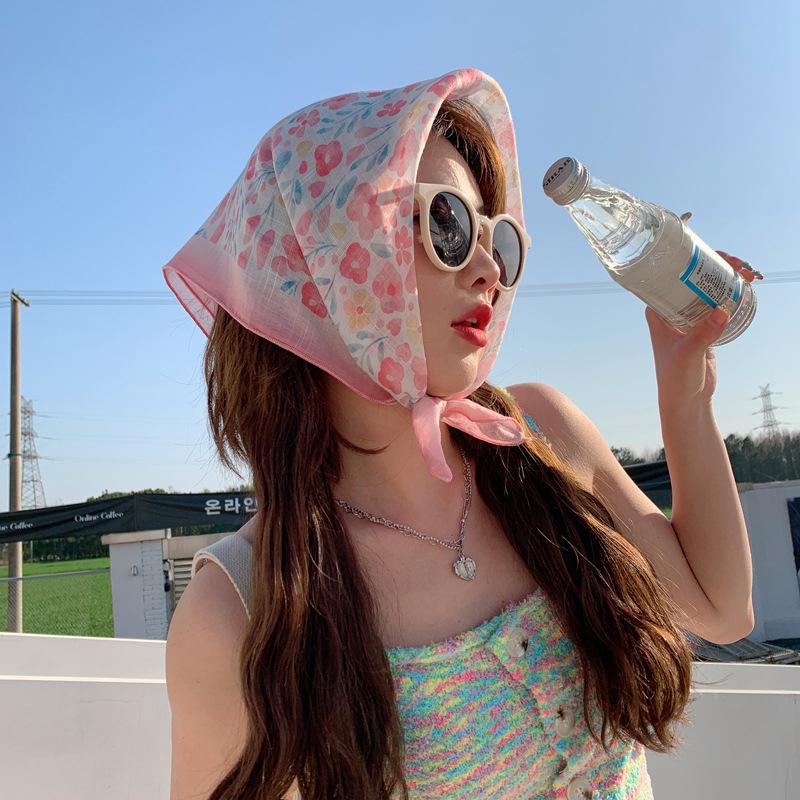 55Cm Sweet Floral Print Small Square Scarf For Women Girl Cute Soft Flower Scarf Hairband Headband Korean Hair Scarves
