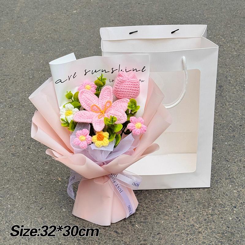 Pink Crochet Flower Bouquet Handmade Knitted Flowers Crochet Lily Roses Sunflowers Bouquet Birthday Graduation Mother's Day Gift