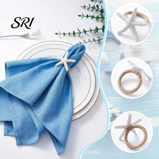 Nautical Theme Tableware 6Pcs Coastal Starfish Napkin Rings Rustic Summer Holiday Holders Seaside Party for Beach House Mediterranean Table Decor