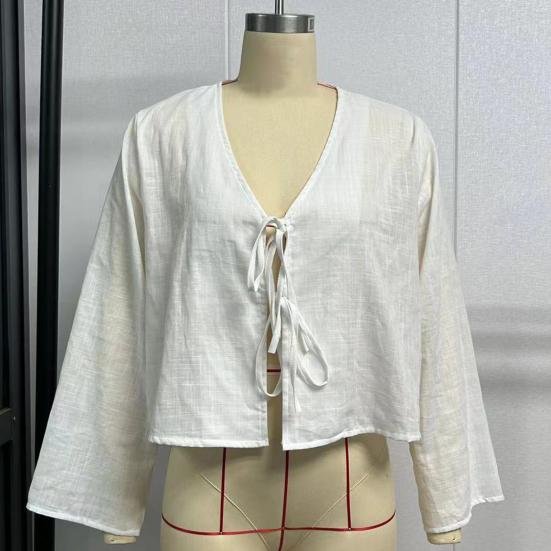Женская рубашка с v-образным вырезом и длинным рукавом, свободная посадка, однотонная рубашка, топы, летний кардиган на шнуровке с бантом, рубашка с завязкой на галстуке, топ