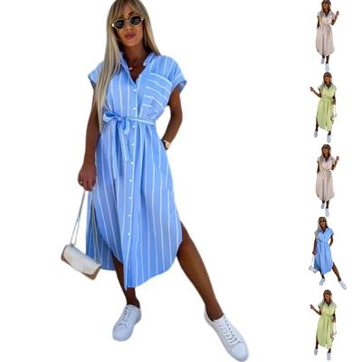 Женское свободное удобное повседневное модное платье с короткими рукавами и полосатым принтом на поясе